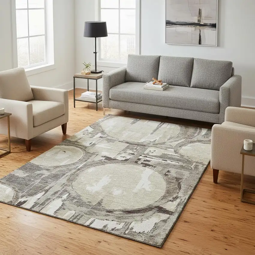 Tan Beige And Gray Geometric Washable Area Rug With UV Protection Photo 2