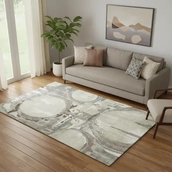 Tan Beige And Gray Geometric Washable Area Rug With UV Protection Photo 1