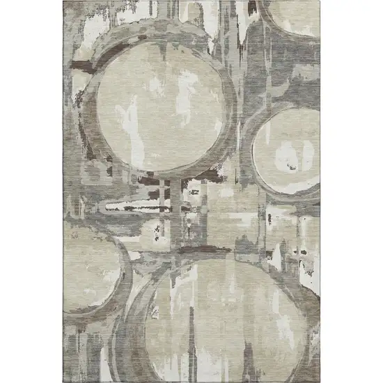 Tan Beige And Gray Geometric Washable Area Rug With UV Protection Photo 1
