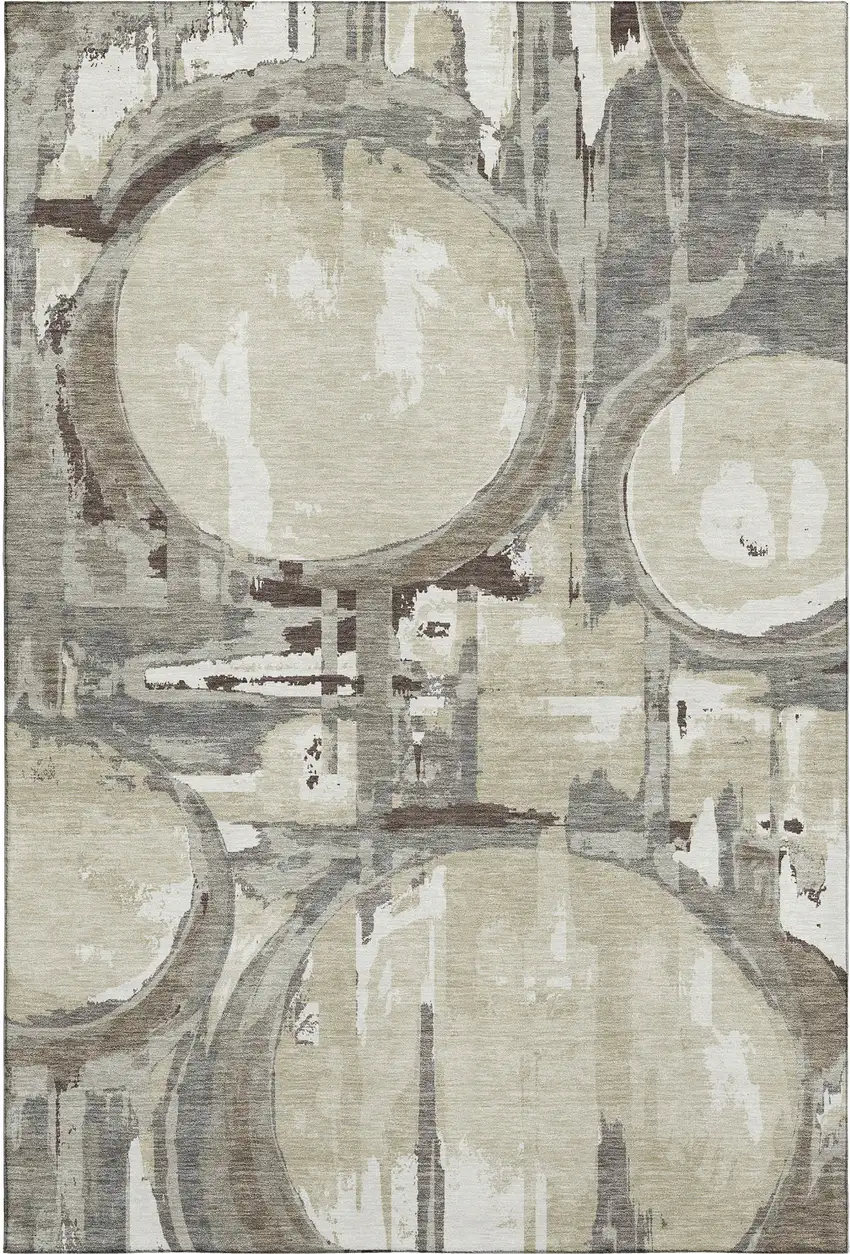 Tan Beige And Gray Geometric Washable Area Rug With UV Protection Photo 1