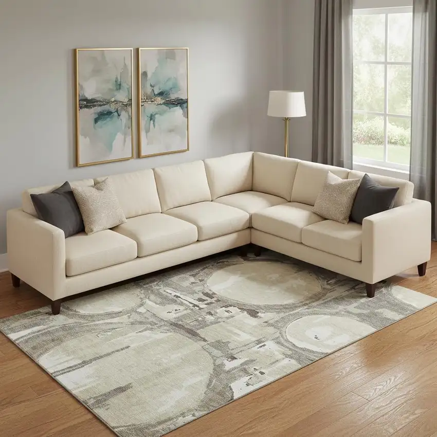 Tan Beige And Gray Geometric Washable Area Rug With UV Protection Photo 1