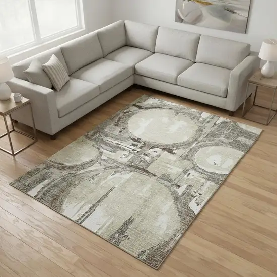 Tan Beige And Gray Geometric Washable Area Rug With UV Protection Photo 2