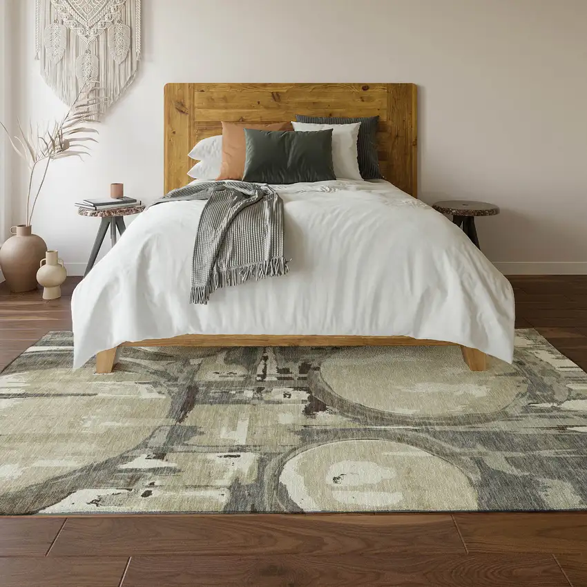 Tan Beige And Gray Geometric Washable Area Rug With UV Protection Photo 6