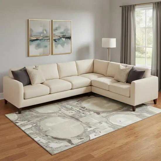 Tan Beige And Gray Geometric Washable Area Rug With UV Protection Photo 1