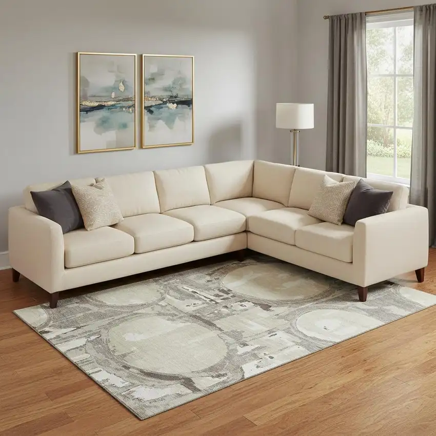 Tan Beige And Gray Geometric Washable Area Rug With UV Protection Photo 1