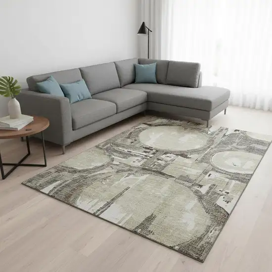 Tan Beige And Gray Geometric Washable Area Rug With UV Protection Photo 2