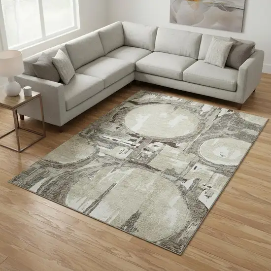 Tan Beige And Gray Geometric Washable Area Rug With UV Protection Photo 2