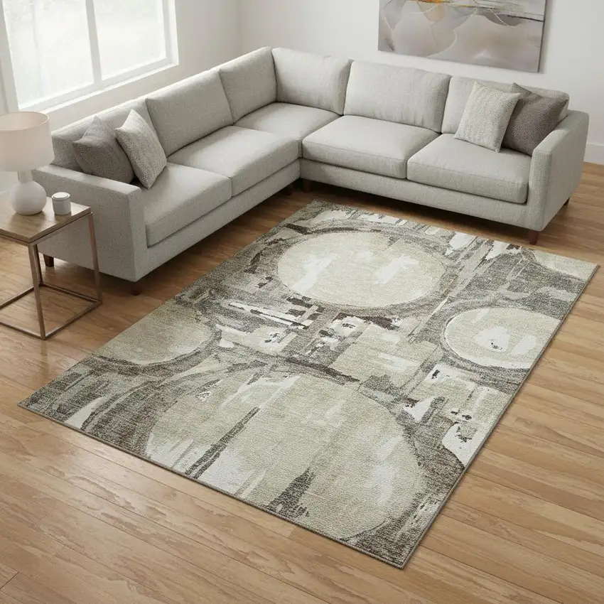 Tan Beige And Gray Geometric Washable Area Rug With UV Protection Photo 2