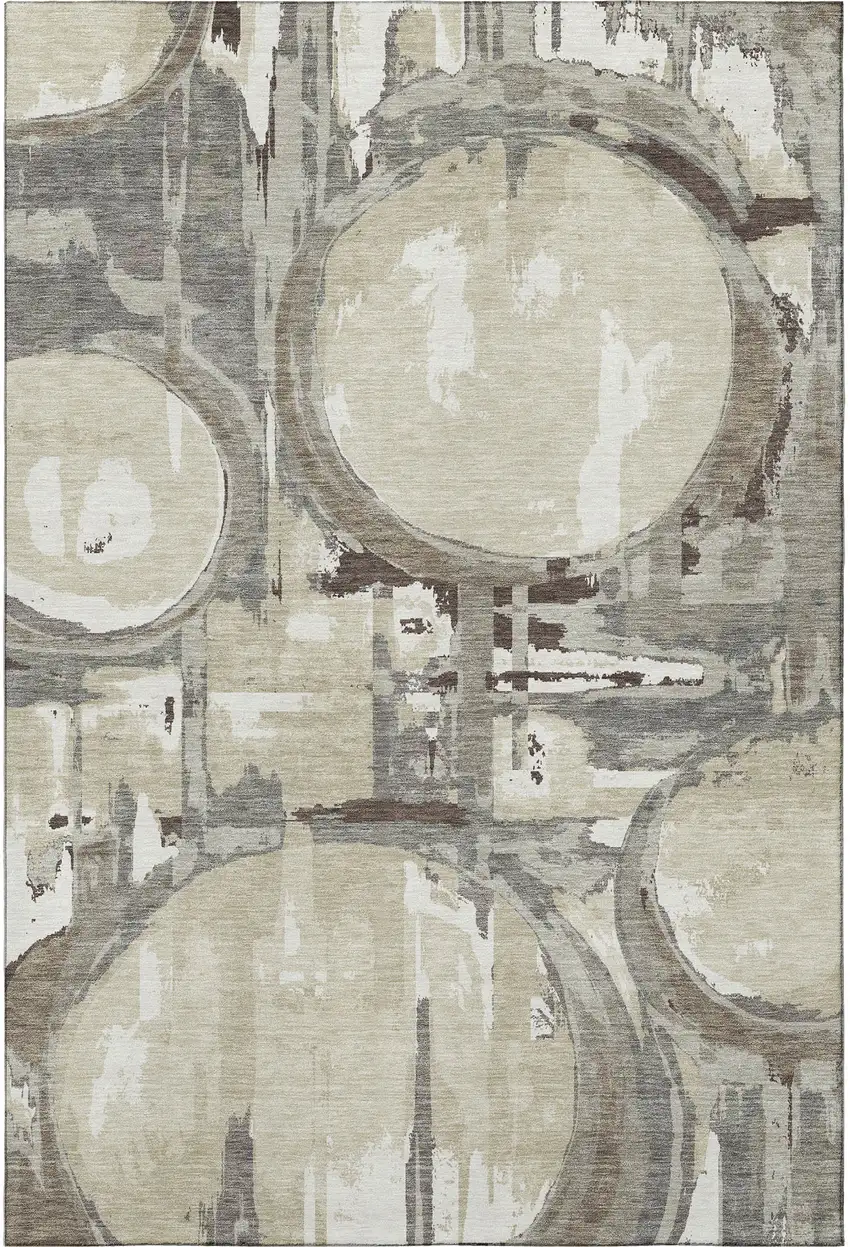 Tan Beige And Gray Geometric Washable Area Rug With UV Protection Photo 4