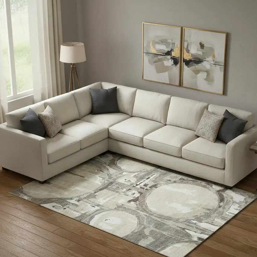 Tan Beige And Gray Geometric Washable Area Rug With UV Protection Photo 1