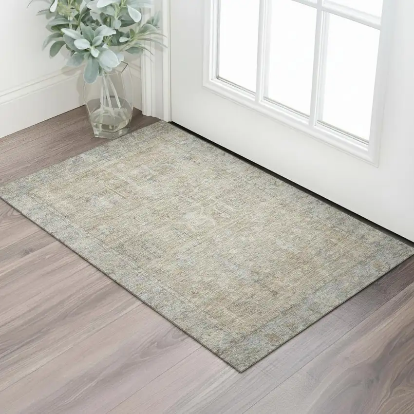 Tan Beige And Gray Oriental Washable Area Rug With UV Protection Photo 2