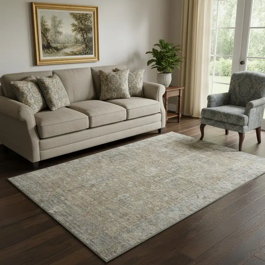Tan Beige And Gray Oriental Washable Area Rug With UV Protection Photo 2