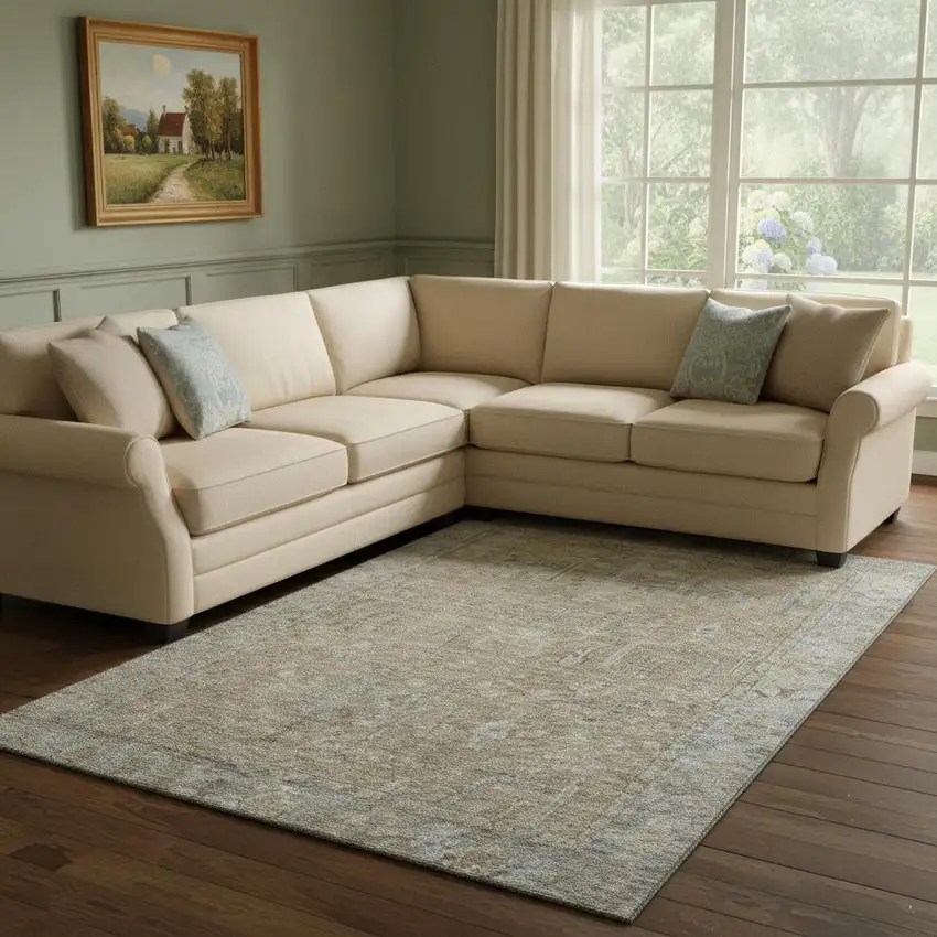 Tan Beige And Gray Oriental Washable Area Rug With UV Protection Photo 2