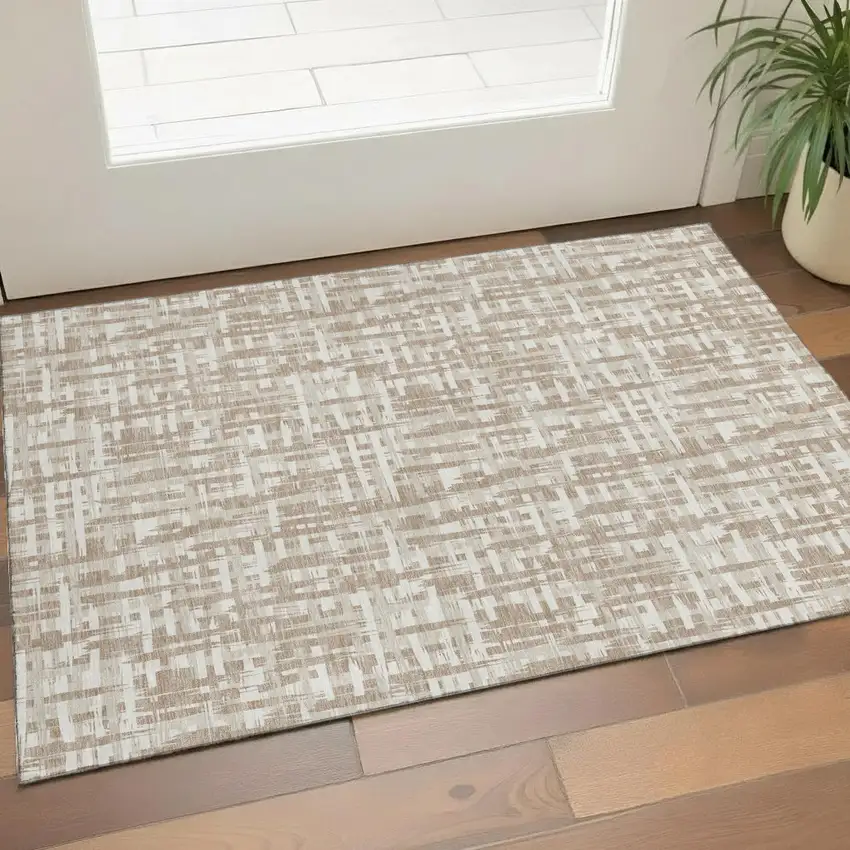Tan Beige And Ivory Abstract Geometric Washable Area Rug With UV Protection Photo 1