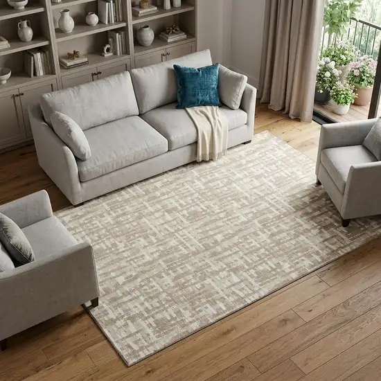 Tan Beige And Ivory Abstract Geometric Washable Area Rug With UV Protection Photo 1