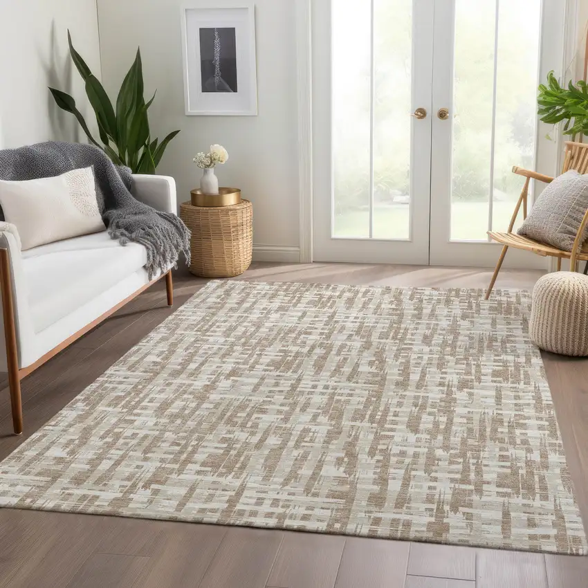 Tan Beige And Ivory Abstract Geometric Washable Area Rug With UV Protection Photo 5