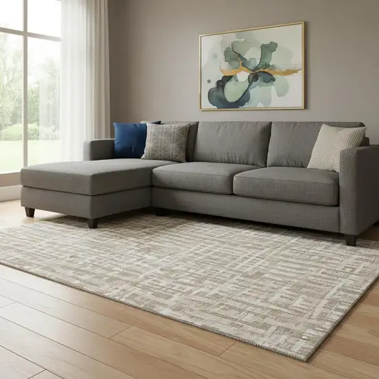 Tan Beige And Ivory Abstract Geometric Washable Area Rug With UV Protection Photo 2