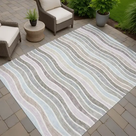 Tan Beige And Ivory Striped Washable Indoor Outdoor Area Rug Photo 7