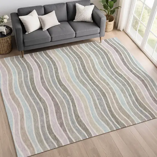 Tan Beige And Ivory Striped Washable Indoor Outdoor Area Rug Photo 9
