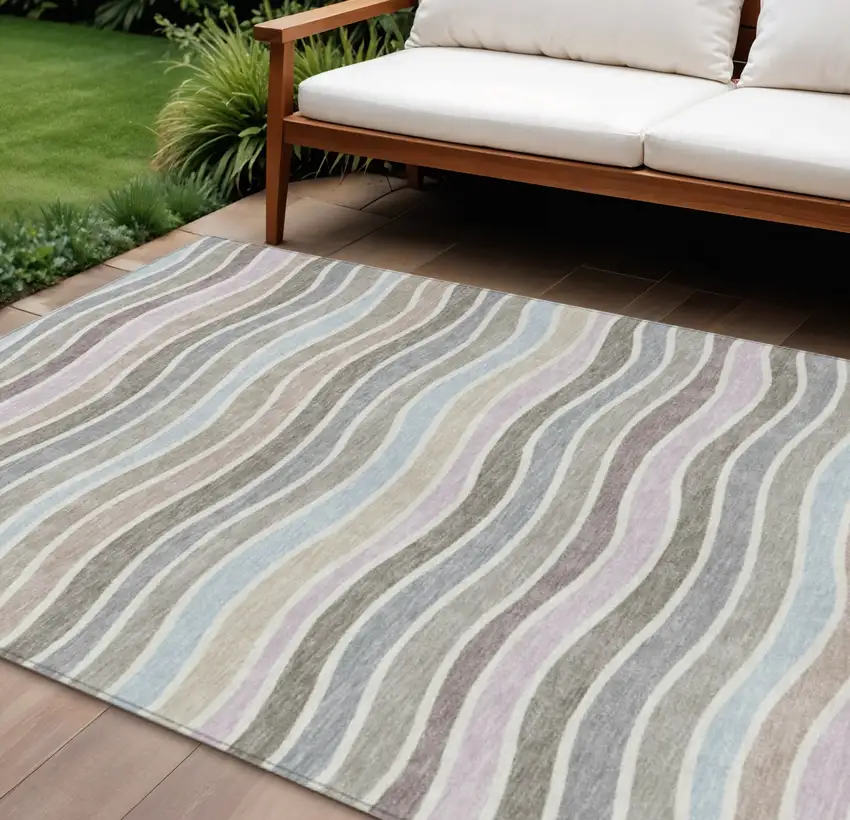 Tan Beige And Ivory Striped Washable Indoor Outdoor Area Rug Photo 1