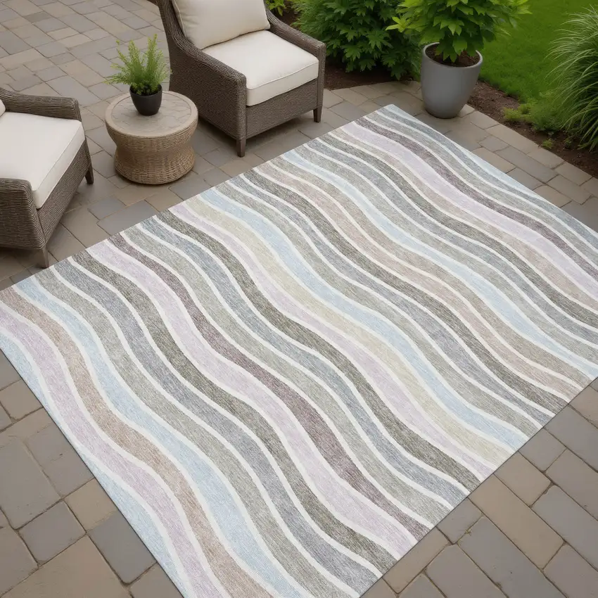 Tan Beige And Ivory Striped Washable Indoor Outdoor Area Rug Photo 7