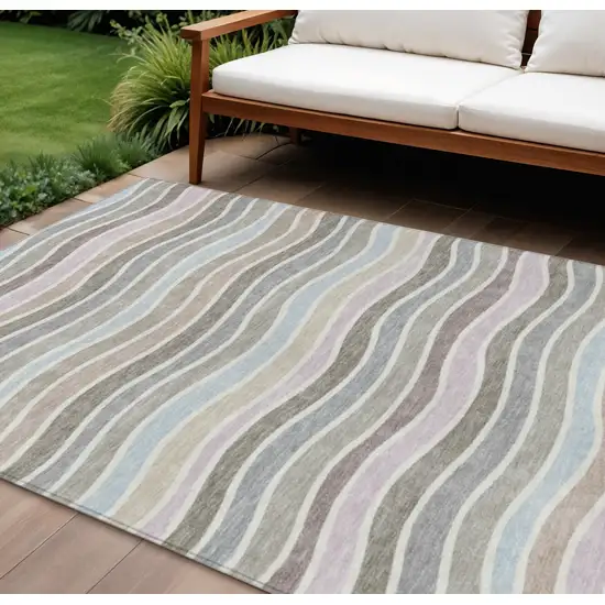Tan Beige And Ivory Striped Washable Indoor Outdoor Area Rug Photo 1