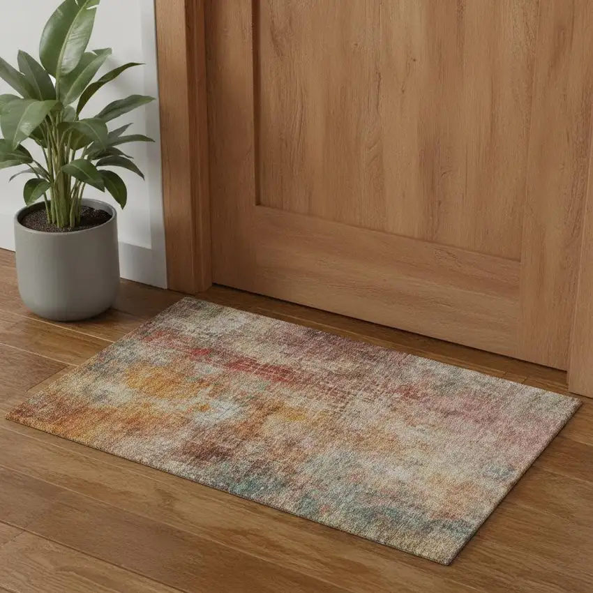 Tan Beige And Red Abstract Washable Area Rug With UV Protection Photo 1