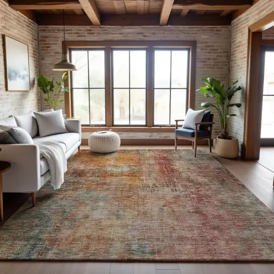 Tan Beige And Red Abstract Washable Area Rug With UV Protection Photo 2