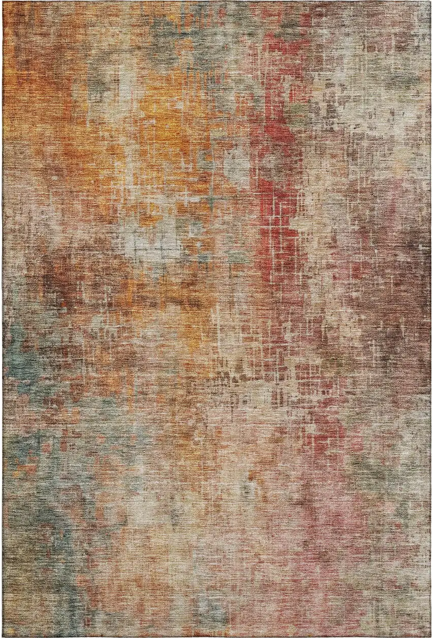Tan Beige And Red Abstract Washable Area Rug With UV Protection Photo 3