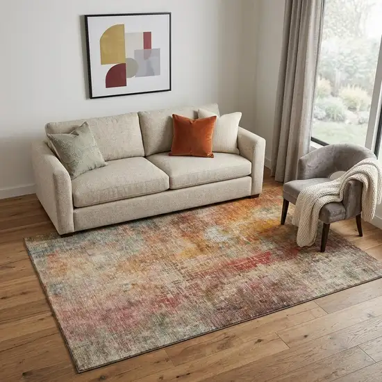 Tan Beige And Red Abstract Washable Area Rug With UV Protection Photo 1