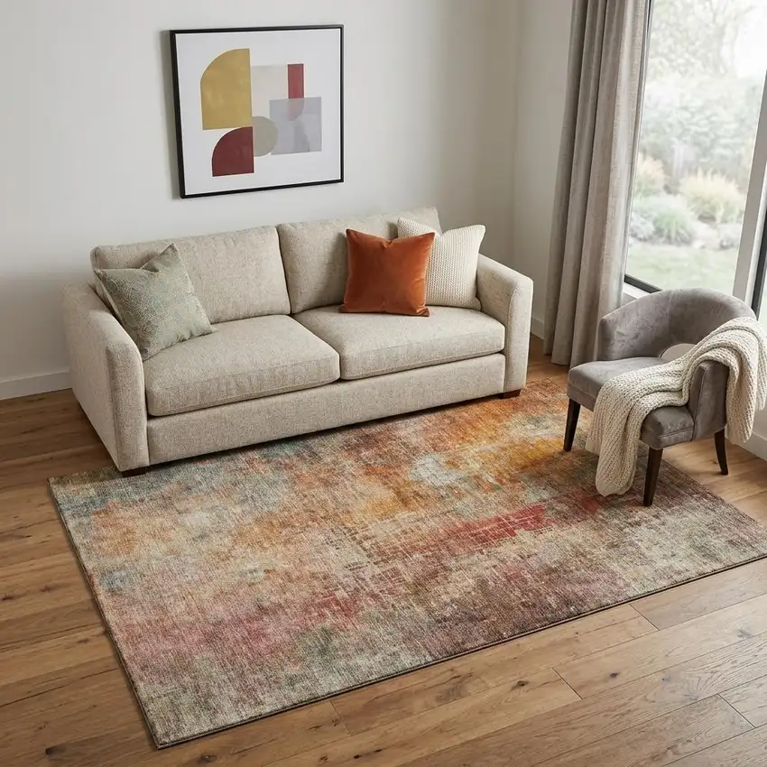 Tan Beige And Red Abstract Washable Area Rug With UV Protection Photo 1