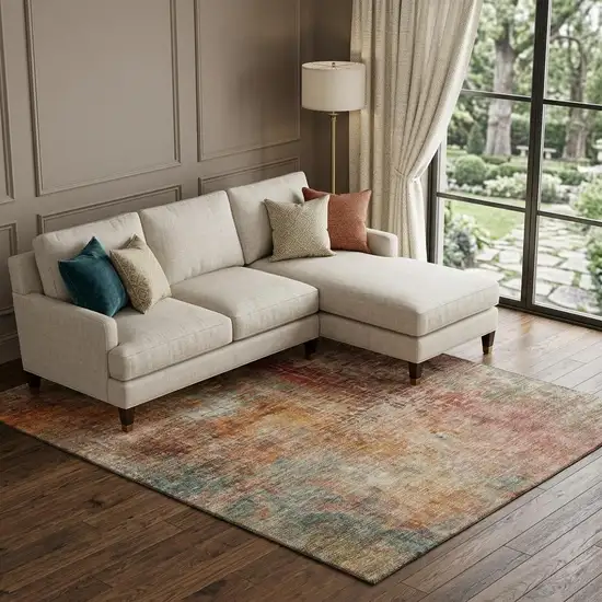 Tan Beige And Red Abstract Washable Area Rug With UV Protection Photo 1