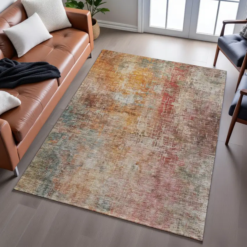 Tan Beige And Red Abstract Washable Area Rug With UV Protection Photo 1