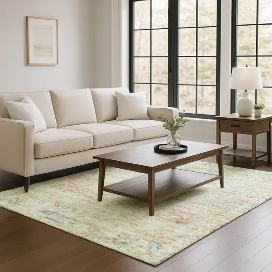 Tan Beige And Teal Floral Medallion Washable Area Rug With UV Protection Photo 4