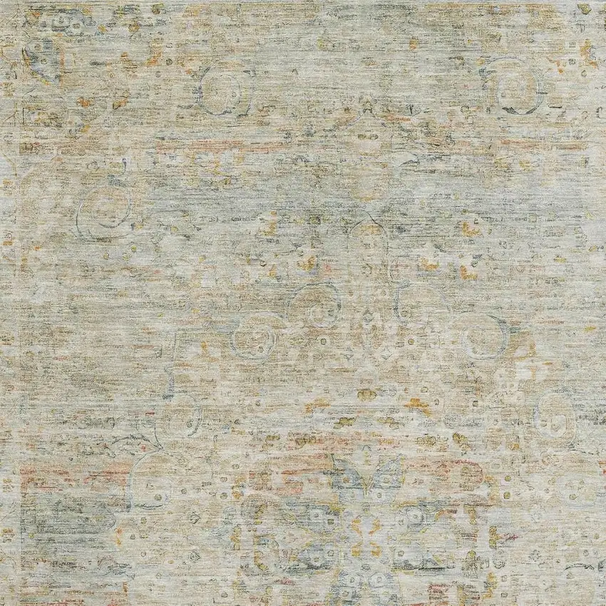 Tan Beige And Teal Floral Medallion Washable Area Rug With UV Protection Photo 2