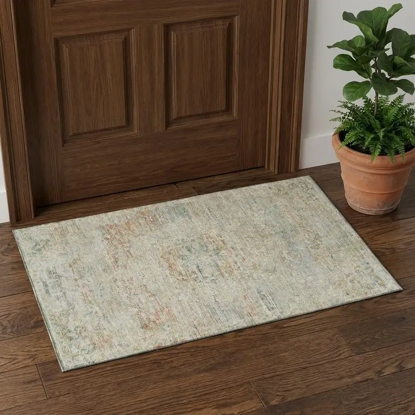 Tan Beige And Teal Floral Medallion Washable Area Rug With UV Protection Photo 1