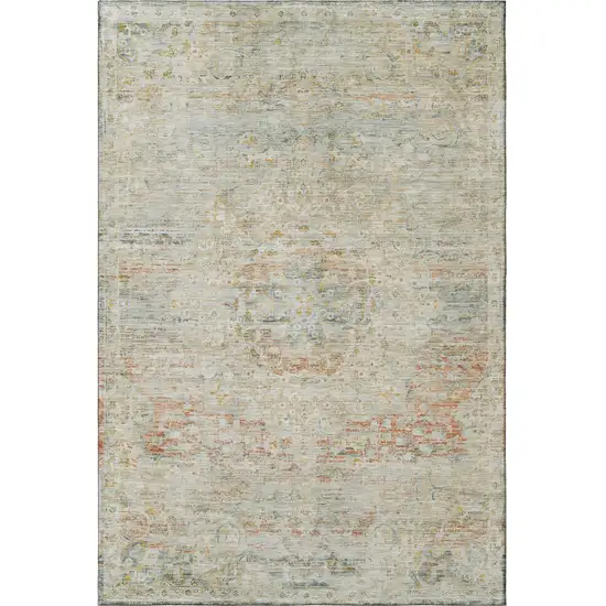 Tan Beige And Teal Floral Medallion Washable Area Rug With UV Protection Photo 3