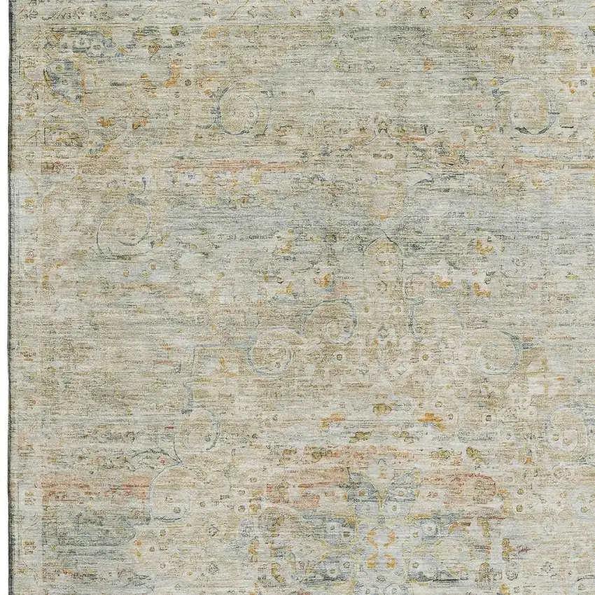 Tan Beige And Teal Floral Medallion Washable Area Rug With UV Protection Photo 2