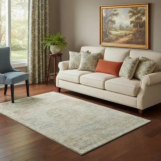 Tan Beige And Teal Floral Medallion Washable Area Rug With UV Protection Photo 2