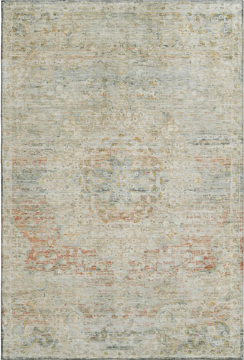 Tan Beige And Teal Floral Medallion Washable Area Rug With UV Protection Photo 1