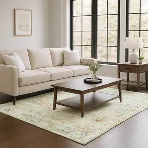 Photo of Tan Beige And Teal Floral Medallion Washable Area Rug With UV Protection