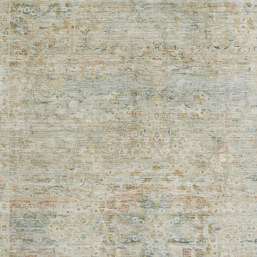 Tan Beige And Teal Floral Medallion Washable Area Rug With UV Protection Photo 2