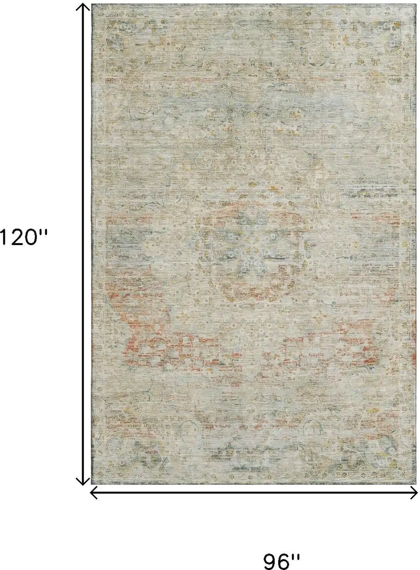 Tan Beige And Teal Floral Medallion Washable Area Rug With UV Protection Photo 6