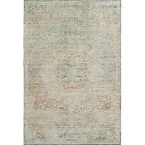 Photo of Tan Beige And Teal Floral Medallion Washable Area Rug With UV Protection