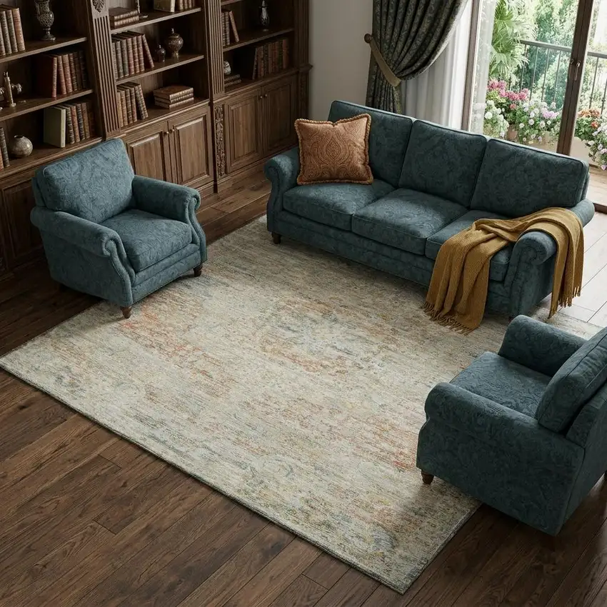 Tan Beige And Teal Floral Medallion Washable Area Rug With UV Protection Photo 1