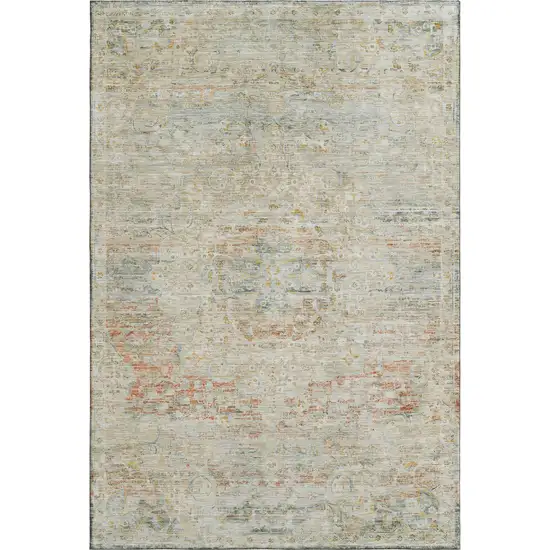 Tan Beige And Teal Floral Medallion Washable Area Rug With UV Protection Photo 1