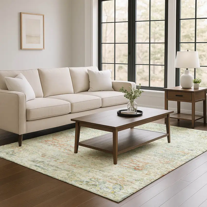 Tan Beige And Teal Floral Medallion Washable Area Rug With UV Protection Photo 4