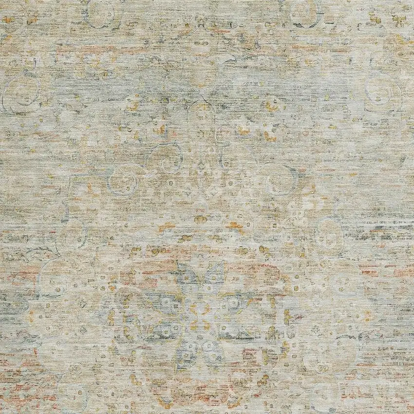 Tan Beige And Teal Floral Medallion Washable Area Rug With UV Protection Photo 2