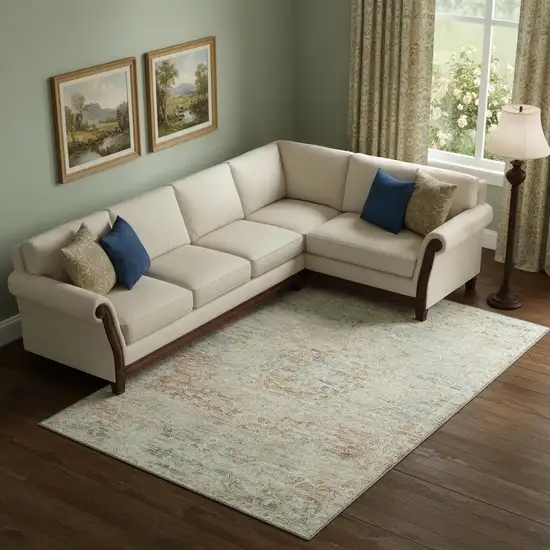 Tan Beige And Teal Floral Medallion Washable Area Rug With UV Protection Photo 2