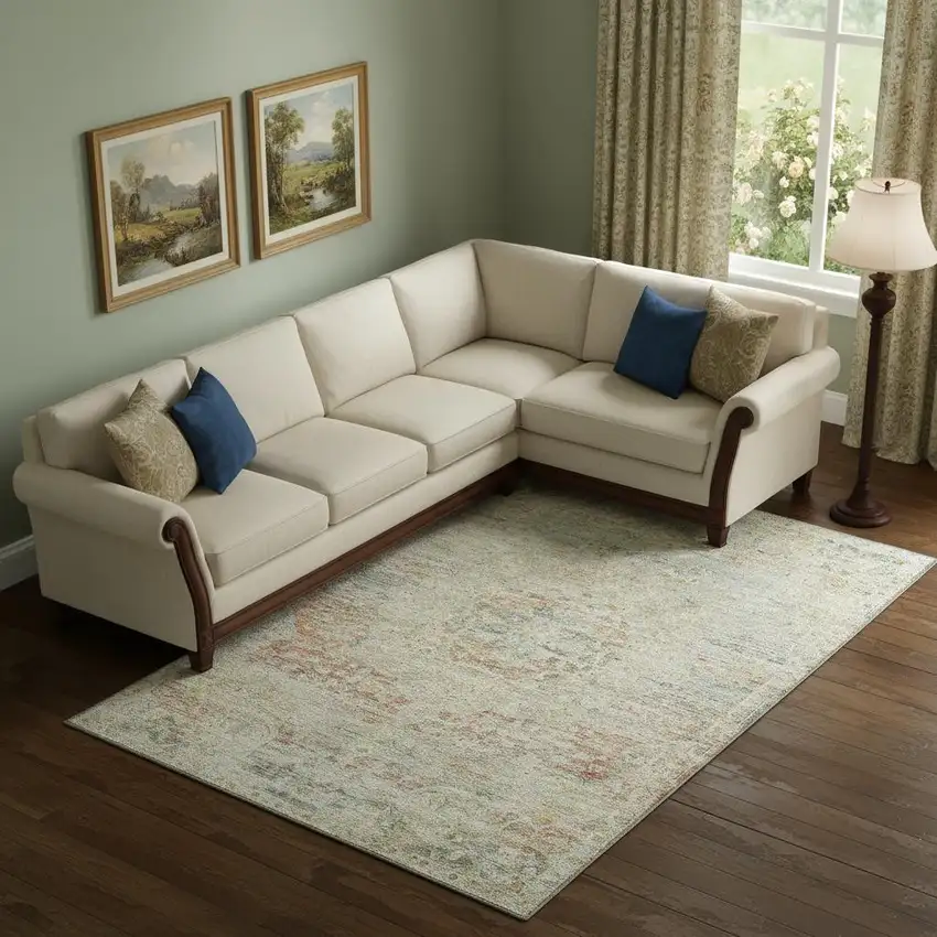 Tan Beige And Teal Floral Medallion Washable Area Rug With UV Protection Photo 2